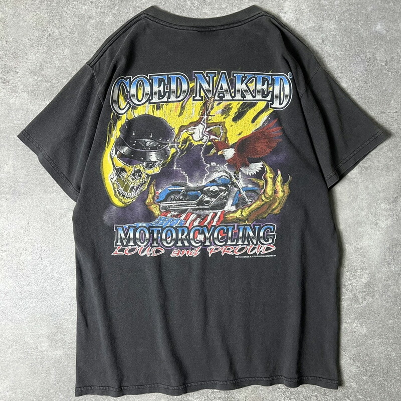 90s COED NAKED 自動二輪車 スカル 鷲 刷り上げる 半袖 ティーシャツ L / 90年月日 ハーレー 星条旗 火の手 サンダー 墨黒 黒いこと 【中古】 古着 亜米利加古着 USED ユーズド 中古 VINTAGE US古着 アメカジ