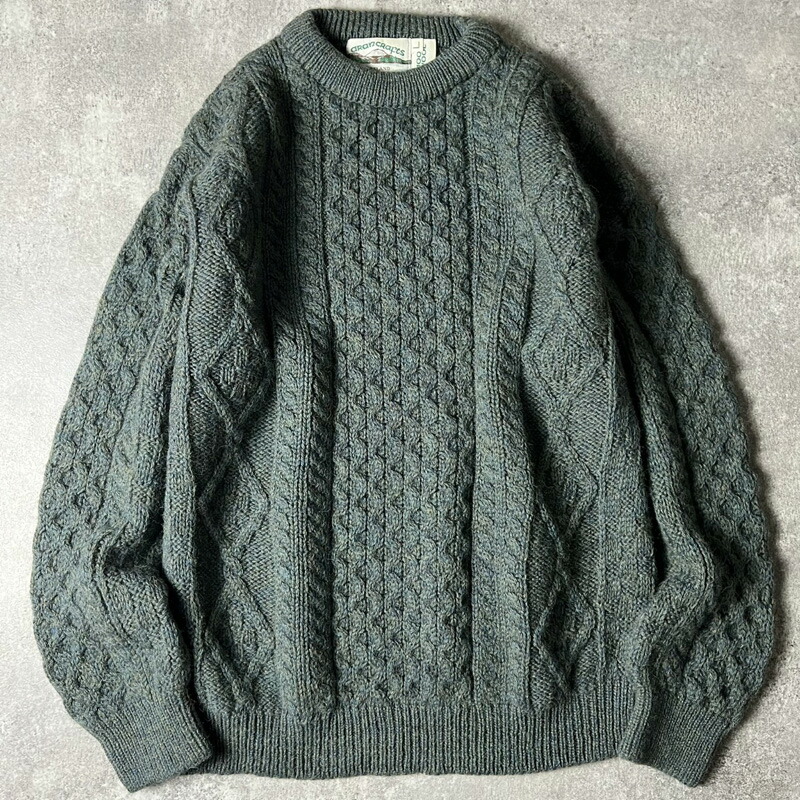 アイルランド製 aran crafts ウール フィッシャーマン ニット セーター L / アランクラフト アラン グリーン 無地 アランセーター|US古着 RUMRAGE 店