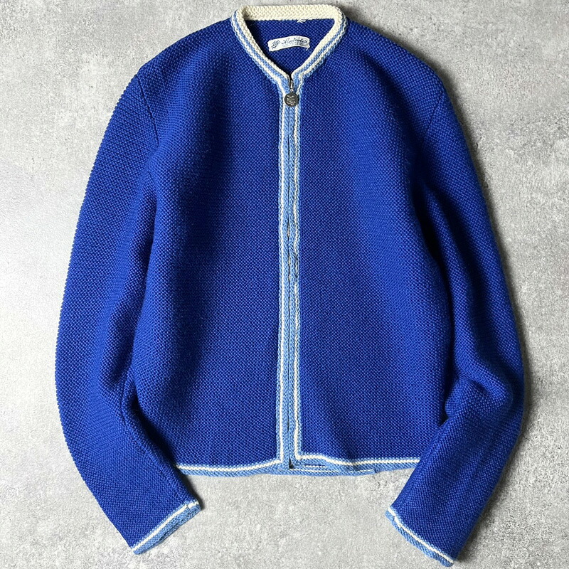 手編み 60s ASTRI フルジップ 絨毛 編み物 ジレー / 60日にち ＦＲＧ製 ユーロ ビンテージ プルオーバー 青色 青 メンズファッション-カーディガン-トップス