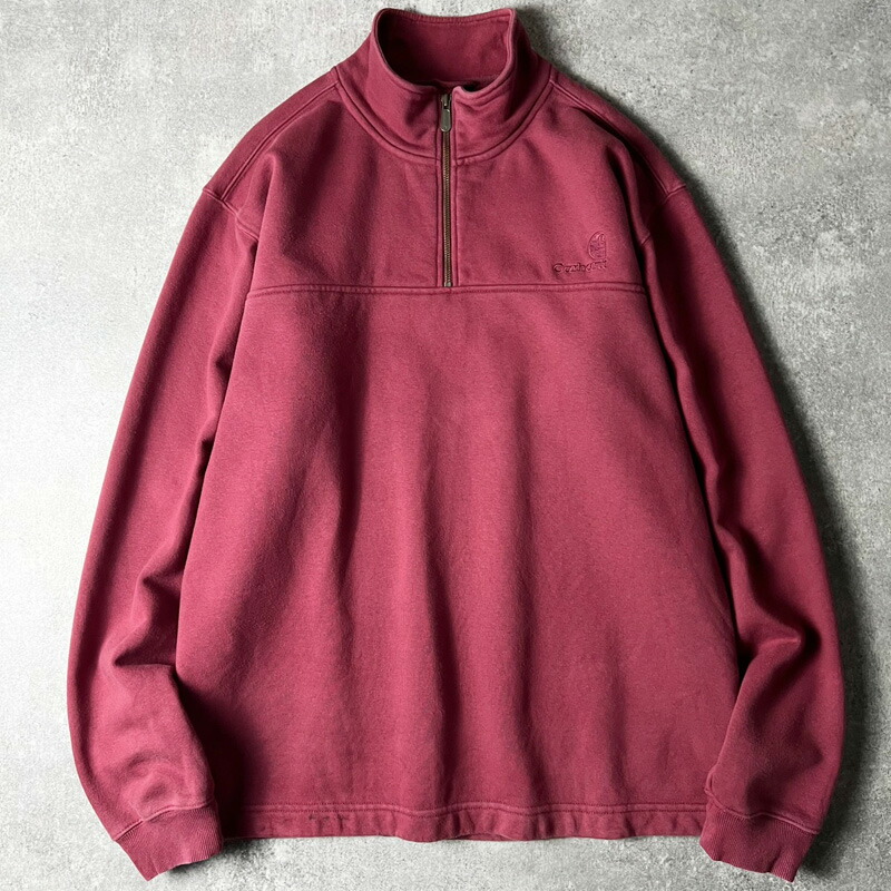 Carhartt ハーフジップ ティーシャツ ハイネック 汗水 調教師 L / 鉄道車両ハート形 年寄りの エンジ ぶどう酒 赤いこと