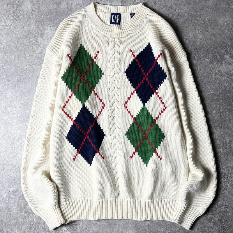 90s GAP アーガイル 総柄 綿織物 編み物 プルオーバー M / 90年月日 年寄りの 隔たり 自然的 マルチ色つや