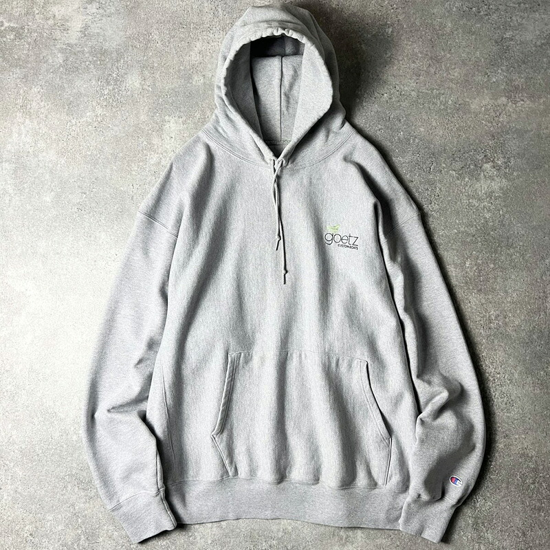 00s Champion 企業 ロゴ 刺繍 プレミアム リバースウィーブ スウェット フード パーカー / 00年代 オールド チャンピオン 企業物 霜降り グレー|US古着 RUMRAGE 店