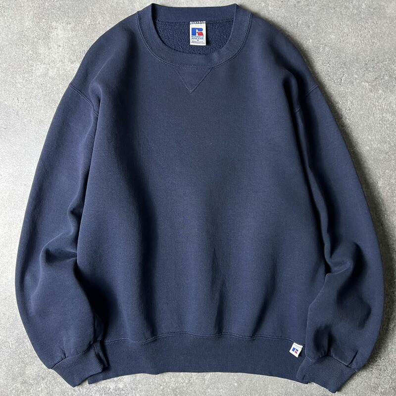佇まい系 90s USA製 RUSSELL 無地 前V 汗水 調教師 M / 90年月日 亜米利加製 年寄りの ラッセル 裏起毛 米国海軍 茄子紺