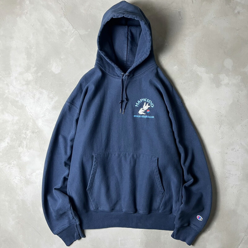 00s Champion 企業 ロゴ 刺繍 プレミアム リバースウィーブ スウェット フード パーカー XL / 00年代 オールド チャンピオン 企業物 ネイビー 【中古】 古着 アメリカ古着 USED ユーズド 中古 VINTAGE US古着 アメカジ|US古着 RUMRAGE 店