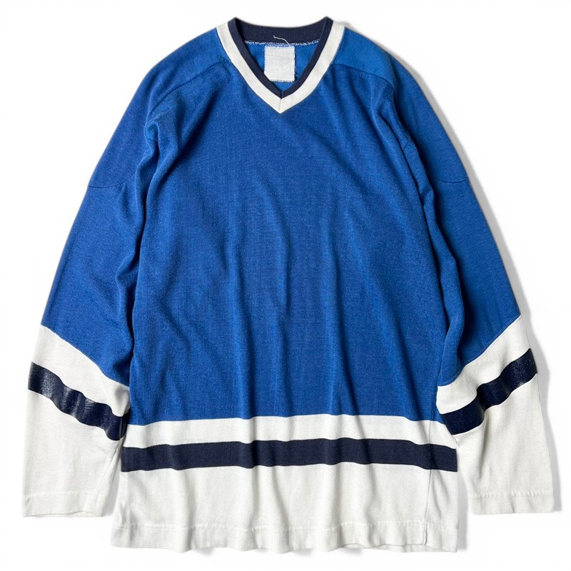~80s UNKNOWN Vのど首 人絹 蹴球 ティーシャツ / 70年月日 80年月日 ビンテージ ティーシャツ 青碧 ロンT 青 【中古】 古着 亜米利加古着 USED ユーズド 中古 VINTAGE US古着 アメカジ