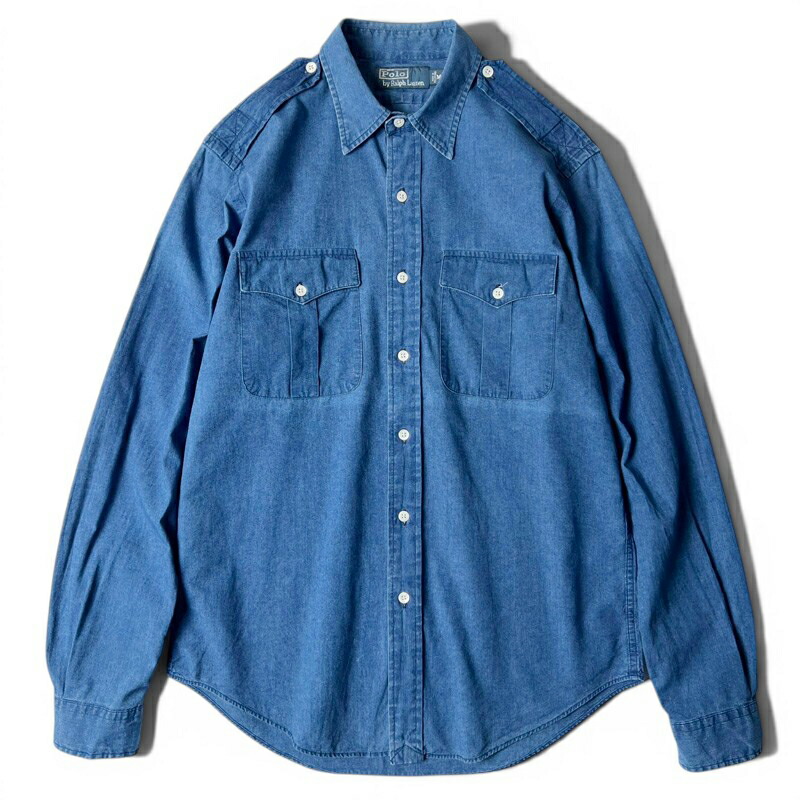 90s POLO RALPH LAUREN 長袖 綿織物 プルオーバー M / 90年月日 ポロ ラルフローレン 年寄りの シャンブレー 細工物 無地 インディゴ 【中古】 古着 亜米利加古着 USED ユーズド 中古 VINTAGE US古着 アメカジ