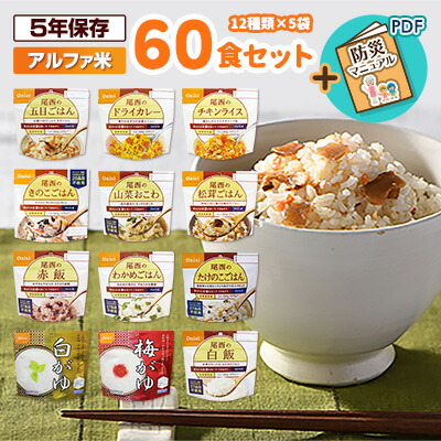 【賞味期限5年以上！】非常食セット 防災食 アルファ米 60食セット[12種類&times;各5袋] 尾西食品 送料無料｜RunPet