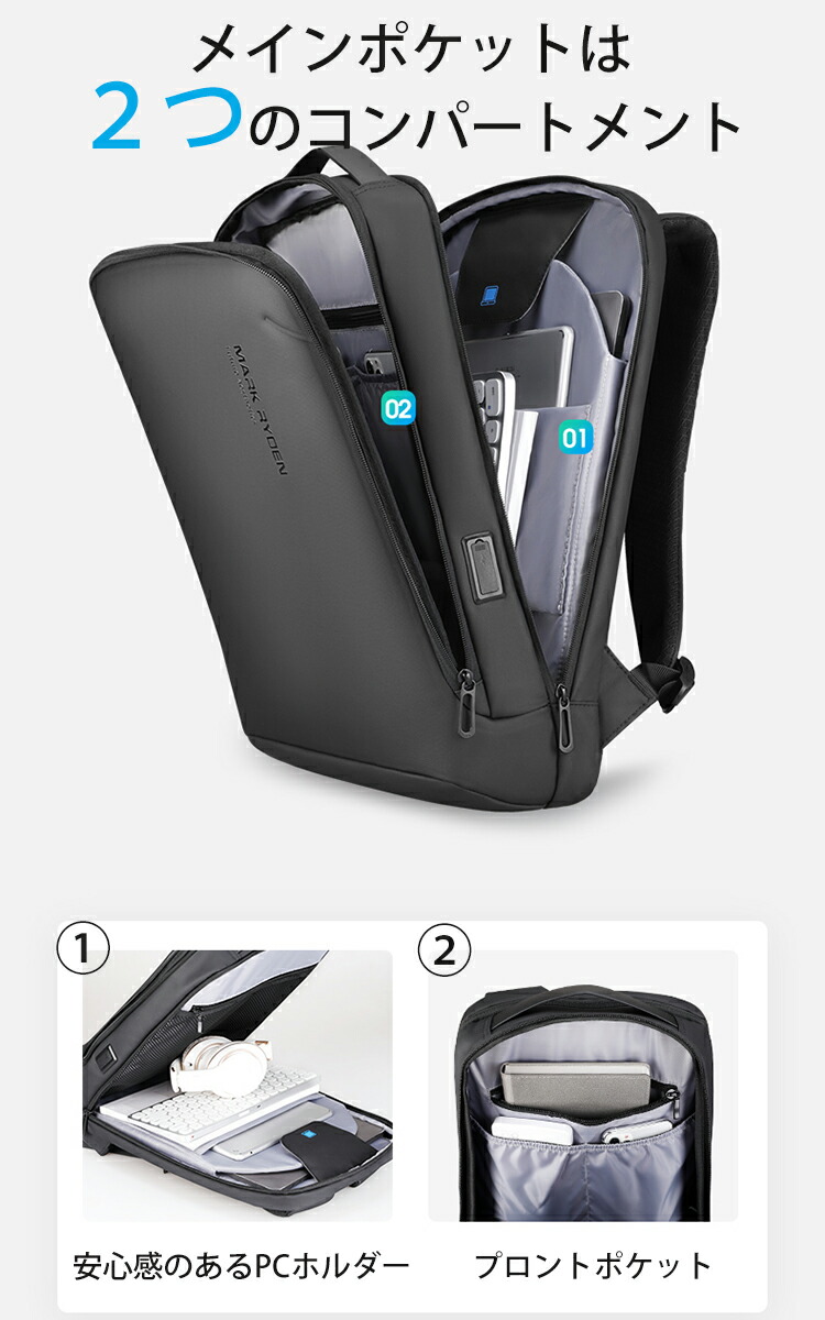 Mark Ryden ビジネスリュック Pcリュック バックパックビジネスリュック 大容量 30lメンズ スタイリッシュ 防水 ビジネスバック Pc収納 出張 リュックメンズ 薄型 リュックサック Ykk ファスナー Usb充電ポート15 6 17 3インチ Pc収納 ブラック 3層大容量 リュック