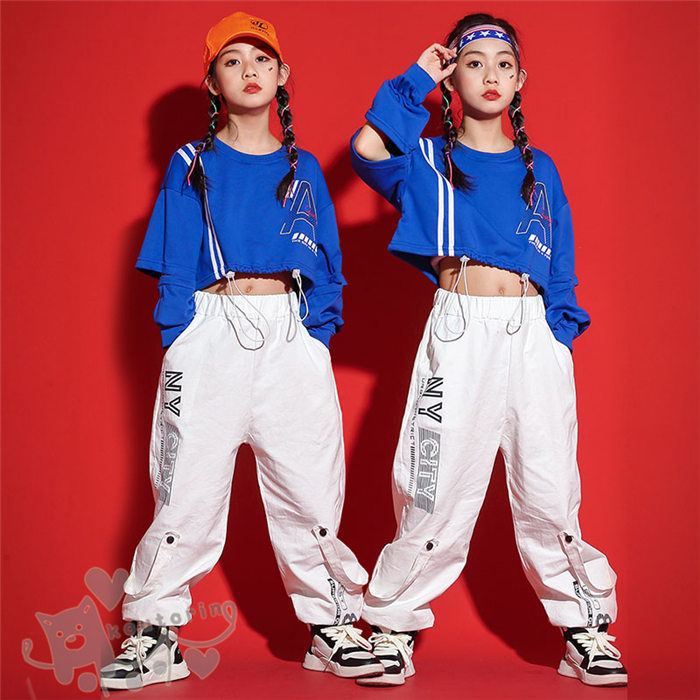 送料無料 110-180cm おしゃれ 演出服 hiphop 発表会 体操服 練習着 応援団 ステージ衣装 韓国 K-POP 派手 セットアップ 女の子 ガールズ キッズ へそ出し ロングパンツ 白 青 トップス ブルー 長袖 ヒップホップ一部即納 ダンス衣装