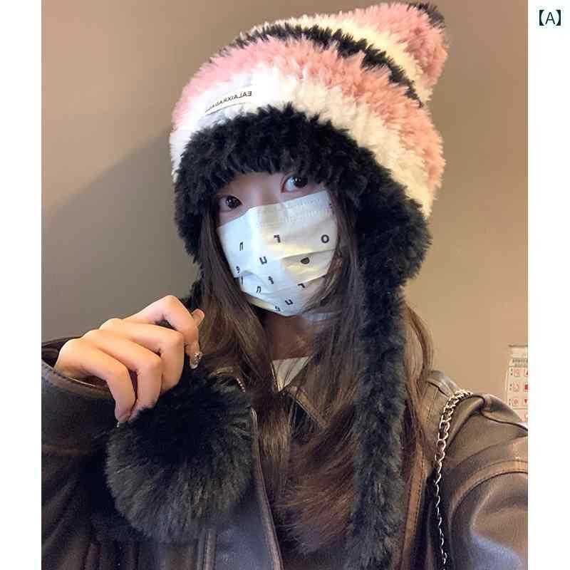 グレー ピンク 黒 ストライプ ファーボール かわいい サイクリング アウトドア ウール もこもこ 防寒 厚手 あったか 耳あて 帽子 ロシア 秋冬 レディース 【送料無料】【送料無料】フードウォーマー 5,794円