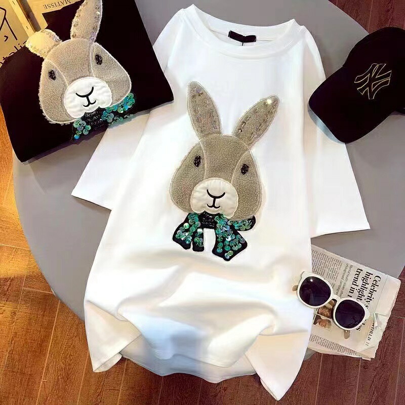 Tシャツ レディース ゆったり 半袖 トップス 白tシャツ 黒tシャツ レディースtシャツ ティシャツ ティーシャツ 通勤 ウサギ柄 うさぎグッズ カジュアルtシャツ カジュアル ゆったり ダボダボ 丸首 ホワイト ブラック うさぎ柄 S M L XL 2XL SLUB125
