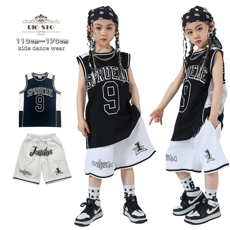 バスケ服 黒 子供 ベスト 短パン ダンス衣装 hiph キッズダンス