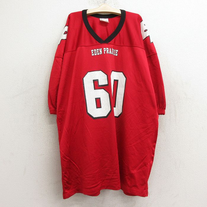 【中古】古着 半袖 ビンテージ ヴィンテージ フットボールTシャツ キッズ ボーイズ 子供服 90年代 90s エデンプレイリー SHEA 60 メッシュ地 ロング丈 Vネック USA製 アメリカ製 赤他 レッド ユニフォーム ゲームシャツ | 春夏 春物 春服 秋冬 秋物 秋服 女の 5OF画像