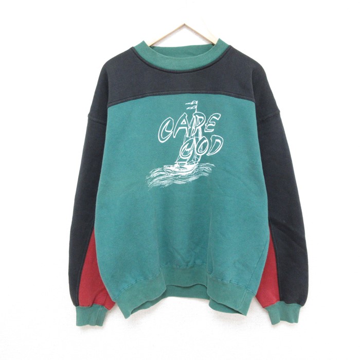 【中古】古着 ヒルトン 長袖スウェット メンズ 90年代 90s ケープコット ヨット マルチカラー クルーネック 丸首 緑他 グリーン チェック 【spe】 XLサイズ 中古 スエット トレーナー トップス | 春夏 春物 春服 秋冬 秋物 秋服 メンズファッション カジュア