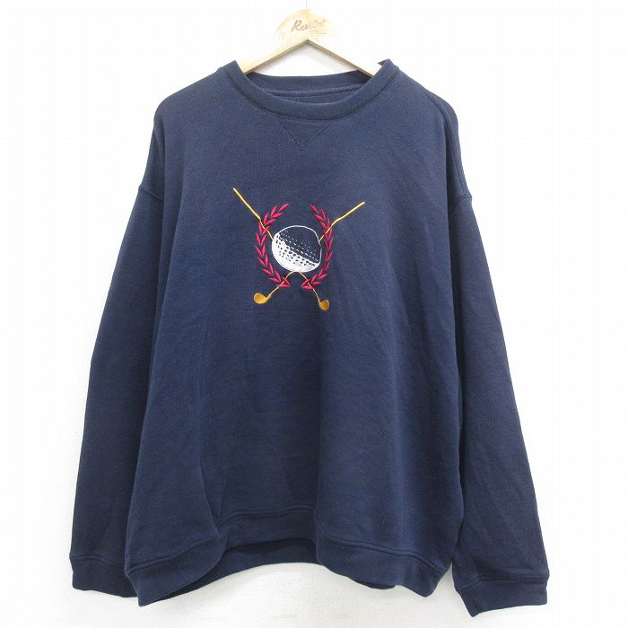 【中古】古着 長袖スウェット メンズ 90年代 90s ゴルフ 刺繍 ヒジ当て 大きいサイズ 2L LL ビッグシルエット ゆったり ビッグサイズ オーバーサイズ クルーネック 丸首 紺 ネイビー 【spe】 XLサイズ 中古 スエット トレーナー トップス | 春夏 春物 春服 秋
