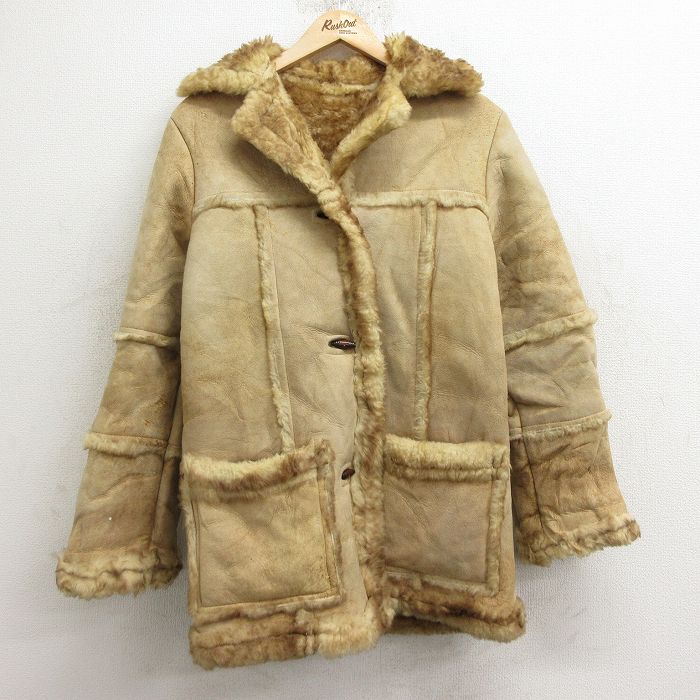 【中古】古着 ムートンレザーボアジャケット ロング丈 レディース ベージュ カーキ 秋冬 アウター ブルゾン 大きいサイズ ゆったり アメカジ ストリート カジュアル きれいめ ヴィンテージ【spe】｜古着屋RushOut