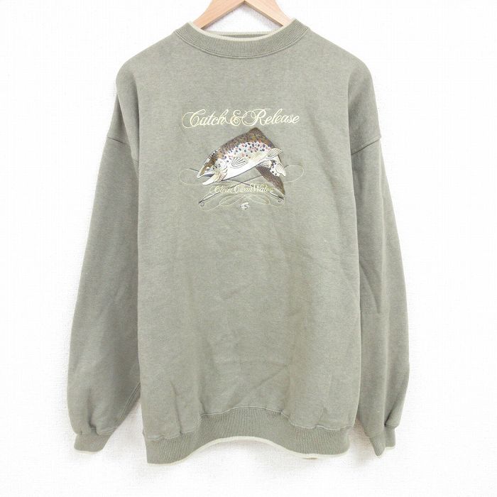 【中古】古着 長袖スウェット メンズ 00年代 00s 魚 刺繍 大きいサイズ 2L LL ビッグシルエット ゆったり ビッグサイズ オーバーサイズ クルーネック 丸首 緑 グリーン 霜降り XLサイズ 中古 スエット トレーナー トップス | 春夏 春物 春服 秋冬 秋物 秋服 メン