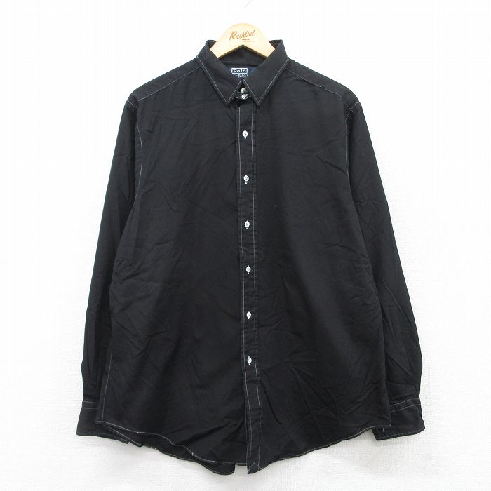 【中古】古着 ラルフローレン Ralph Lauren 長袖 ブランドシャツ メンズ 90年代 90s DOUGLAS TAB 大きいサイズ 2L LL ビッグシルエット ゆったり ビッグサイズ オーバーサイズ コットン 黒 ブラック XLサイズ 中古 トップス | 春夏 春物 春服 秋冬 秋物 秋服 カジ