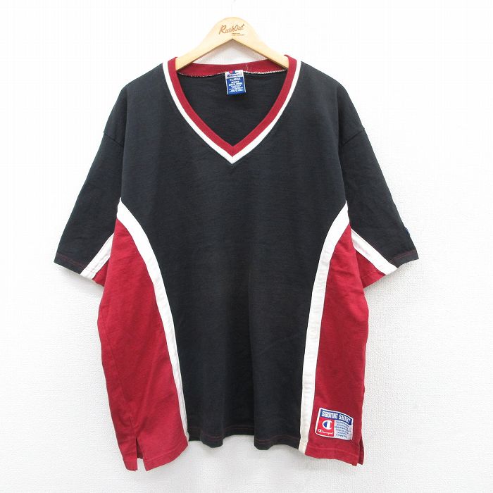 【中古】古着 チャンピオン champion 半袖 ビンテージ ヴィンテージTシャツ メンズ 90年代 90s 無地 マルチカラー 大きいサイズ 2L LL ビッグシルエット ゆったり ビッグサイズ オーバーサイズ コットン Vネック 黒他 ブラック 【spe】 XLサイズ 中古 | 春夏 夏物