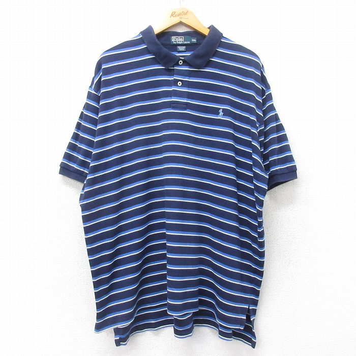 【中古】古着 ラルフローレン Ralph Lauren 半袖 ブランド ポロシャツ メンズ 90年代 90s ワンポイントロゴ 大きいサイズ 2L LL ビッグシルエット ゆったり ビッグサイズ オーバーサイズ コットン 紺他 ネイビー ボーダー XLサイズ 中古 トップス | 春夏 春物 春