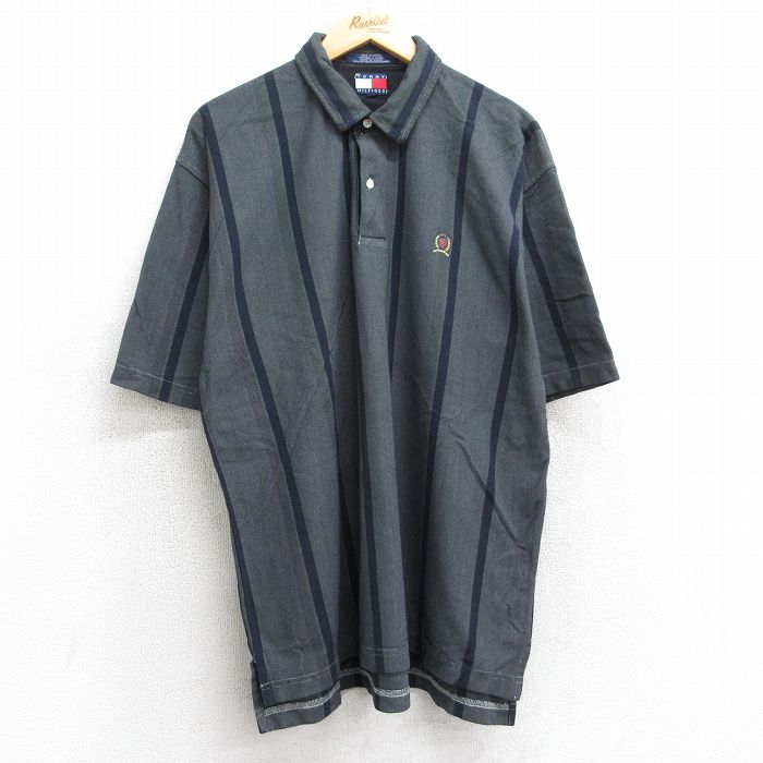 【中古】古着 トミーヒルフィガー TOMMY HILFIGER 半袖 ブランド ポロシャツ メンズ 90年代 90s ワンポイントロゴ 鹿の子 コットン 濃グレー他 ストライプ XLサイズ 中古 トップス | 春夏 春物 春服 夏物 夏服 カジュアルシャツ メンズファッション 半袖シャツ お