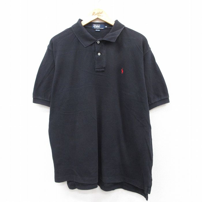 【中古】古着 ラルフローレン Ralph Lauren 半袖 ブランド ポロシャツ メンズ 90年代 90s ワンポイントロゴ 鹿の子 大きいサイズ 2L LL ビッグシルエット ゆったり ビッグサイズ オーバーサイズ コットン 黒 ブラック XLサイズ 中古 トップス | 春夏 春物 春服 夏