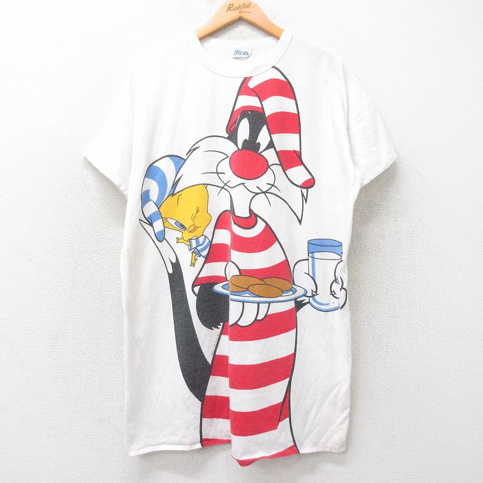 【中古】古着 半袖Tシャツワンピース レディース 90年代 90s ルーニーテューンズ LOONEY TUNES シルベスター トゥイーティー 大きいサイズ 2L LL ビッグシルエット ゆったり ビッグサイズ オーバーサイズ ロング丈 クルーネック 丸首 USA製 アメリカ製 白 ホワイ 4,745円