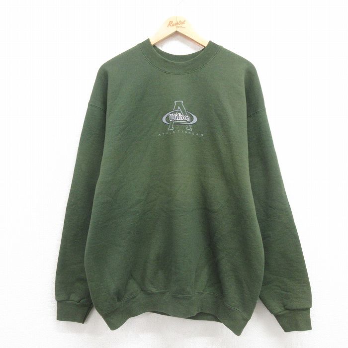 【中古】古着 ウィルソン 長袖スウェット メンズ 90年代 90s ビッグロゴ クルーネック 丸首 USA製 アメリカ製 緑 グリーン 【spe】 XLサイズ 中古 スエット トレーナー トップス | 春夏 春物 春服 秋冬 秋物 秋服 メンズファッション カジュアル おしゃれ ファッ