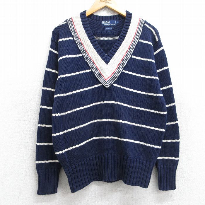 【中古】古着 ラルフローレン Ralph Lauren 長袖 ブランド チルデン セーター メンズ 90年代 90s コットン Vネック 紺他 ネイビー ボーダー 【spe】 Mサイズ 中古 ニット トップス | 春夏 春物 春服 秋冬 秋物 秋服 メンズファッション カジュアル おしゃれ ファ