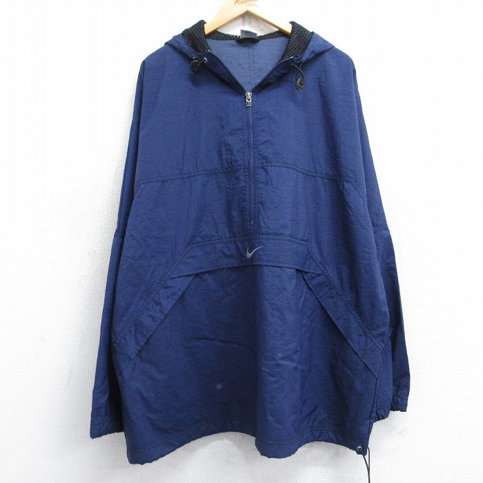 【中古】古着 ナイキ NIKE 長袖 ナイロンジャケット アノラックパーカー メンズ 90年代 90s ワンポイントロゴ センターウォッシュ 大きいサイズ 2L LL ビッグシルエット ゆったり ビッグサイズ オーバーサイズ ロング丈 紺 ネイビー 【spe】 XLサイズ 中古 アウタ