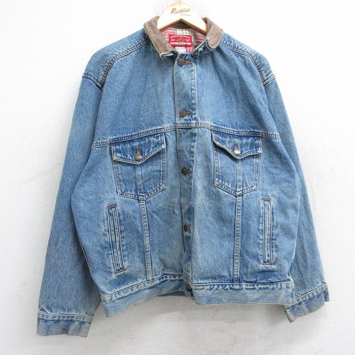 【中古】古着 マルボロ 長袖 ジージャン メンズ 90年代 90s 襟レザー コットン 紺 ネイビー デニム XLサイズ 中古 アウター Gジャンジャケット | 春夏 春物 春服 秋冬 秋物 秋服 カジュアル メンズファッション ファッション おしゃれ カジュアルジャケット