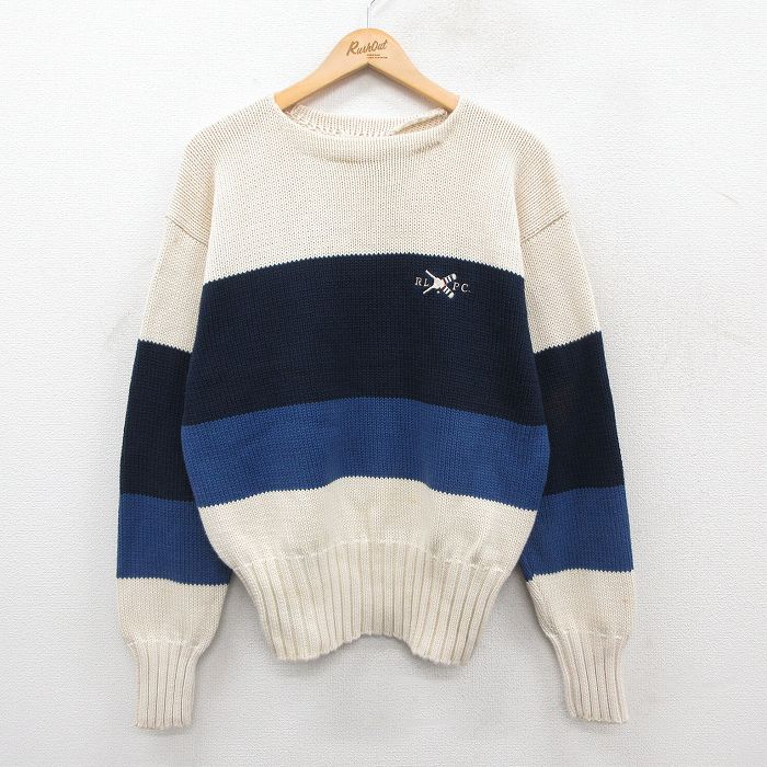 【中古】古着 ラルフローレン Ralph Lauren 長袖 ブランド セーター メンズ 90年代 90s ワンポイントロゴ コットン ボートネック 紺他 ネイビー Lサイズ 中古 ニット トップス | 春夏 春物 春服 秋冬 秋物 秋服 メンズファッション カジュアル おしゃれ ファッシ