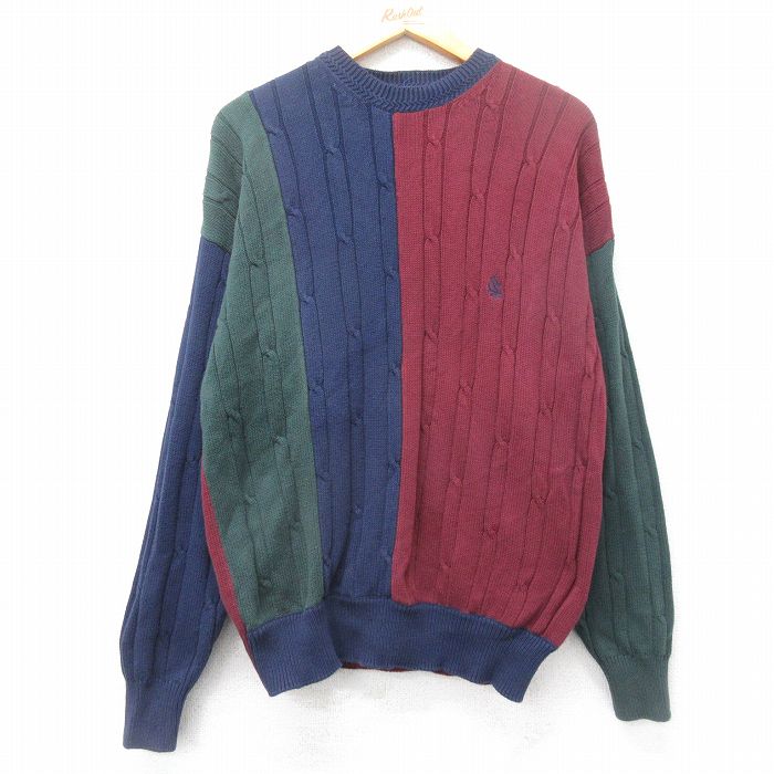 【中古】古着 ノーティカ NAUTICA 長袖 ブランド ケーブル セーター メンズ 90年代 90s ワンポイントロゴ マルチカラー クレイジーパターン コットン クルーネック 丸首 エンジ他 Lサイズ 中古 ニット トップス | 春夏 春物 春服 秋冬 秋物 秋服 メンズファッショ