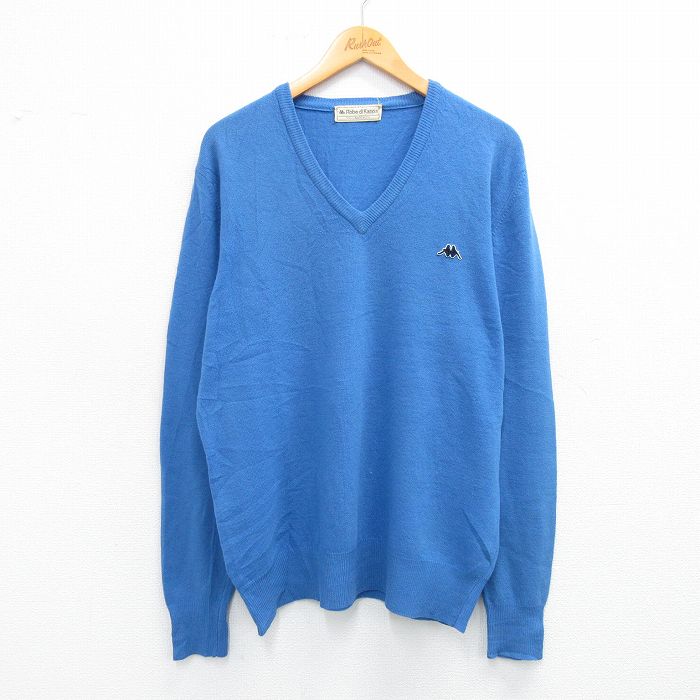 【中古】古着 カッパ Kappa 長袖 セーター メンズ 90年代 90s ラムウール Vネック イタリア製 薄紺 ネイビー Lサイズ 中古 ニット トップス | 春夏 春物 春服 秋冬 秋物 秋服 メンズファッション カジュアル おしゃれ ファッション