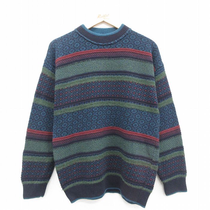 【中古】古着 長袖 セーター メンズ 90年代 90s クルーネック 丸首 イタリア製 紺他 ネイビー 【spe】 Mサイズ 中古 ニット トップス | 春夏 春物 春服 秋冬 秋物 秋服 メンズファッション カジュアル おしゃれ ファッション