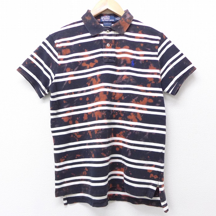 楽天市場 中古 古着 半袖 ブランド ポロシャツ 90年代 90s ラルフローレン Ralph Lauren ワンポイントロゴ 鹿の子 コットン 黒他 ブラック ブリーチ加工 ボーダー Mサイズ 中古 メンズ トップス 春夏 春物 春服 夏物 夏服 カジュアルシャツ メンズファッション 半袖
