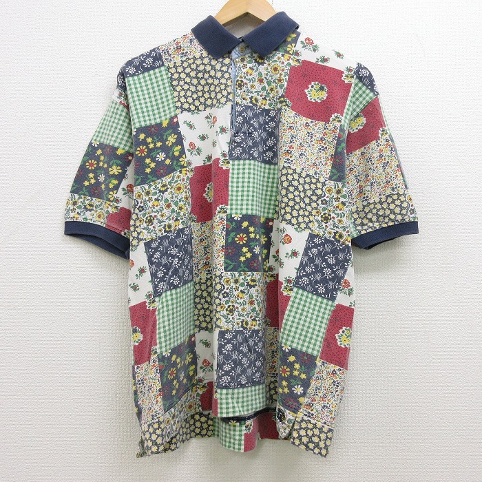 中古 古着 半袖 商品名 ポロシャツ 90年代代役 90s トミーヒルフィガー Tommy Hilfiger ワン中枢ロゴ 花柄 パッチワーク刷る 鹿の子 ワタ 翠緑どこかよそに 翠色 Spe Lサイズ 中古 メンズ 初めス プランタン夏 春物 春お召物 夏物 夏服 心地よいシャツ メンズファッ 古着