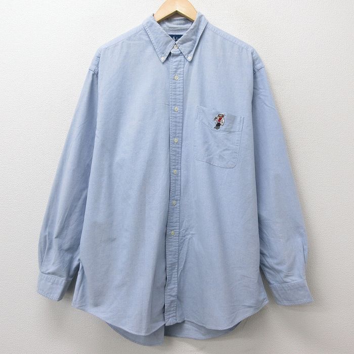 中古 古着 ラルフローレン Ralph Lauren 長袖 ブランドシャツ メンズ 90年代 90s ポロベアー オックスフォード 大きいサイズ 2l Ll ビッグシルエット ゆったり ビッグサイズ オーバーサイズ ロング丈 コットン ボタンダウン 薄紺 ネイビー Spe Xlサイズ 中古 ト