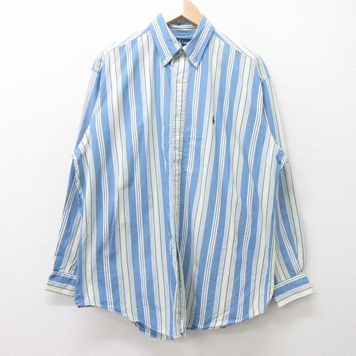 中古 古着 ラルフローレン Ralph Lauren 長袖 ブランドシャツ メンズ 90年代 90s ワンポイントロゴ 大きいサイズ 2l Ll ビッグシルエット ゆったり ビッグサイズ オーバーサイズ コットン オックスフォード 薄紺 ネイビー ストライプ Spe Xlサイズ 中古 トップ Novix Com