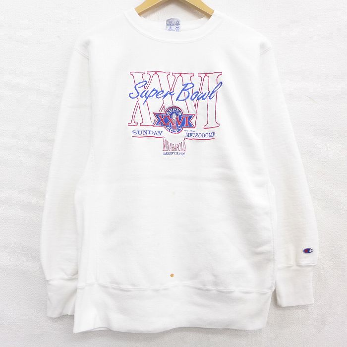 中古 古着 長袖 チャンピオン Champion リバースウィーブ メンズ 90年代 90s アメフト 刺繍 クルーネック 丸首 Usa製 アメリカ製 白 ホワイト Mサイズ 中古スウェット スエット トレーナー トップス 春夏 春物 春服 秋冬 秋物 秋服 メンズファッション カジュアル Ice