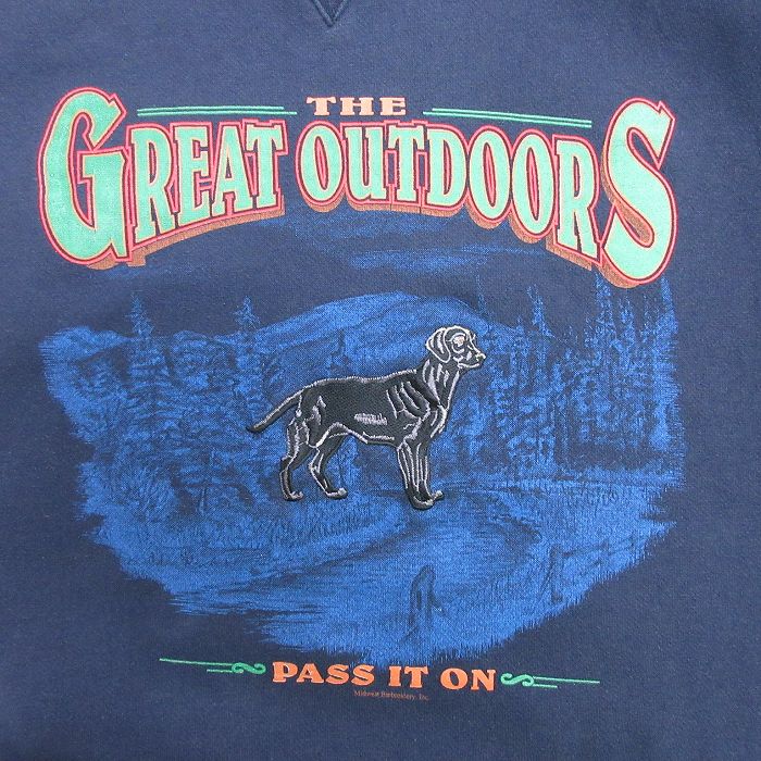 中古 古着 長袖スウェット メンズ 90年代 90s The Great Outdoors 犬 刺繍 クルーネック 丸首 紺 ネイビー Spe Lサイズ 中古 スエット トレーナー トップス 春夏 春物 春服 秋冬 秋物 秋服 メンズファッション カジュアル おしゃれ ファッション