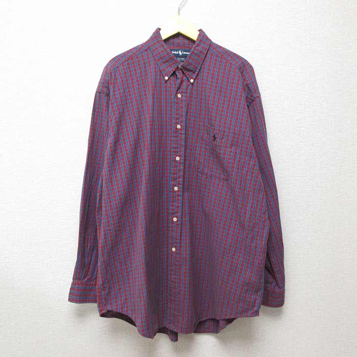 中古 古着 ラルフローレン Ralph Lauren Ralph Lauren 長袖 ブランドシャツ メンズ 90年代 90s ワンポイントロゴ Big Shirt 大きいサイズ 2l Ll ビッグシルエット ゆったり ビッグサイズ オーバーサイズ ロング丈 コットン ボタンダウン 赤他 レッド チェック Spe Ipag Org