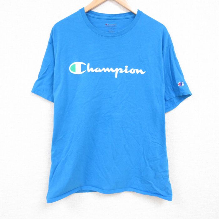 中古 古着 チャンピオン Champion 半袖 ブランドtシャツ メンズ ビッグロゴ 大きいサイズ 2l Ll ビッグシルエット ゆったり メンズファッション 在庫処分 クルーネック ティーシ 丸首 夏物 水色 ビッグサイズ カットソー コットン Xlサイズ 春夏 オーバーサイズ 夏服