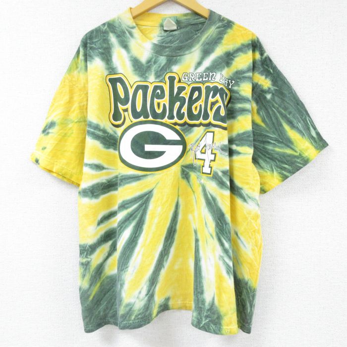 古着 半袖 ビンテージ ヴィンテージTシャツ メンズ 90年代 90s NFL グリーンベイパッカーズ ブレットファーブ 4 大きいサイズ 2L  コットン アメフト スー LL ビッグサイズ 黄他 丸首 ゆったり タイダイ クルーネック 2021年ファッション福袋 ビッグシルエット オーバー  ...