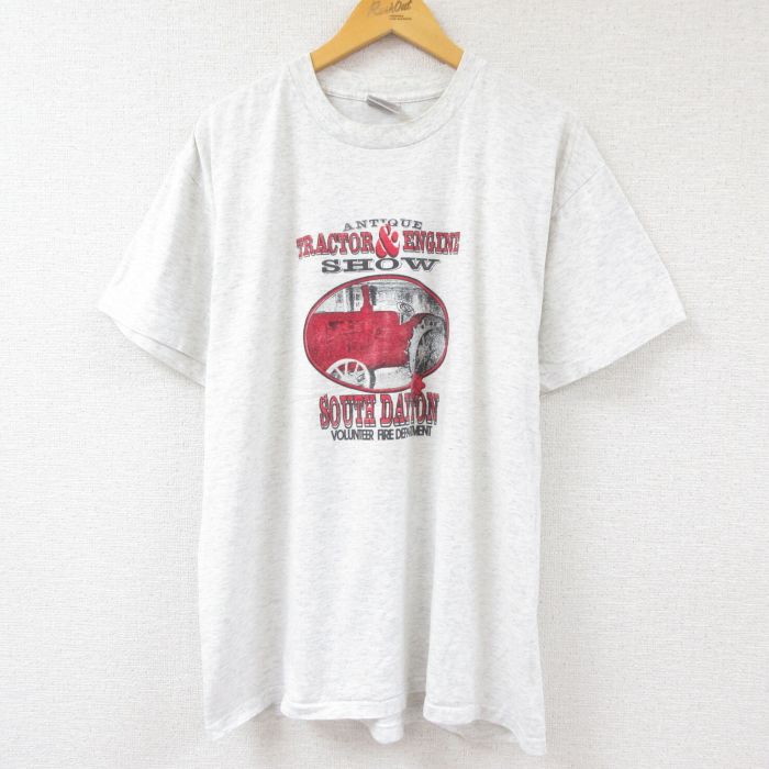 中古 古着 夏服 メンズ 春夏 90s クルーネック 半袖 トラクター 90年代 Xlサイズ ヴィンテージtシャツ 丸首 グレー 夏物 霜降り ビンテージ