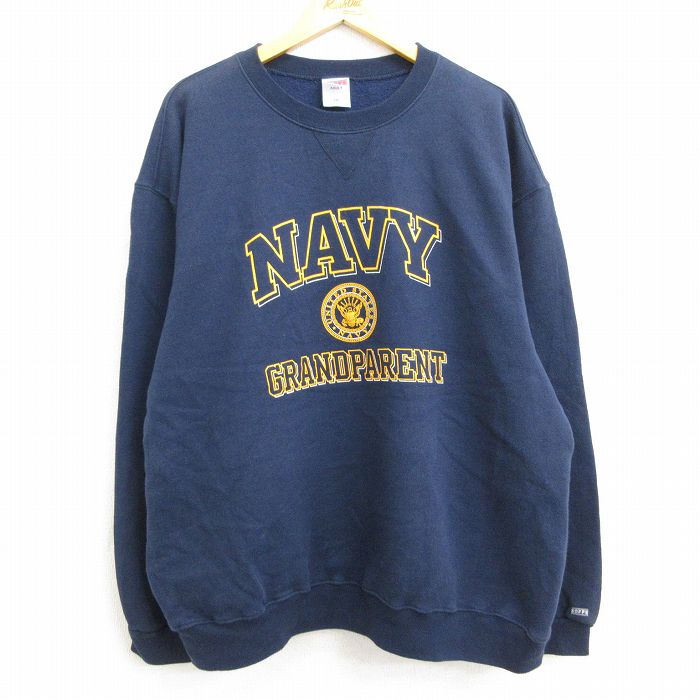 古着 長袖スウェット メンズ ミリタリー ネイビー NAVY 大きいサイズ 2L LL ビッグシルエット ゆったり ビッグサイズ オーバーサイズ 紺  XLサイズ 中古 スエット トレーナー トップス 春夏 春物 春服 秋冬 秋物 秋服 メンズファッション カジュアル おしゃれ 商店