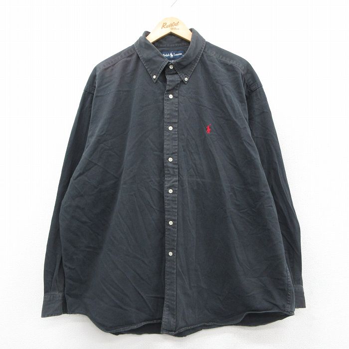 【中古】古着 ラルフローレン 長袖 ブランド シャツ メンズ 90年代 90s ワンポイントロゴ BLAIRE 大きいサイズ ロング丈 コットン ボタンダウン 黒 25nov11