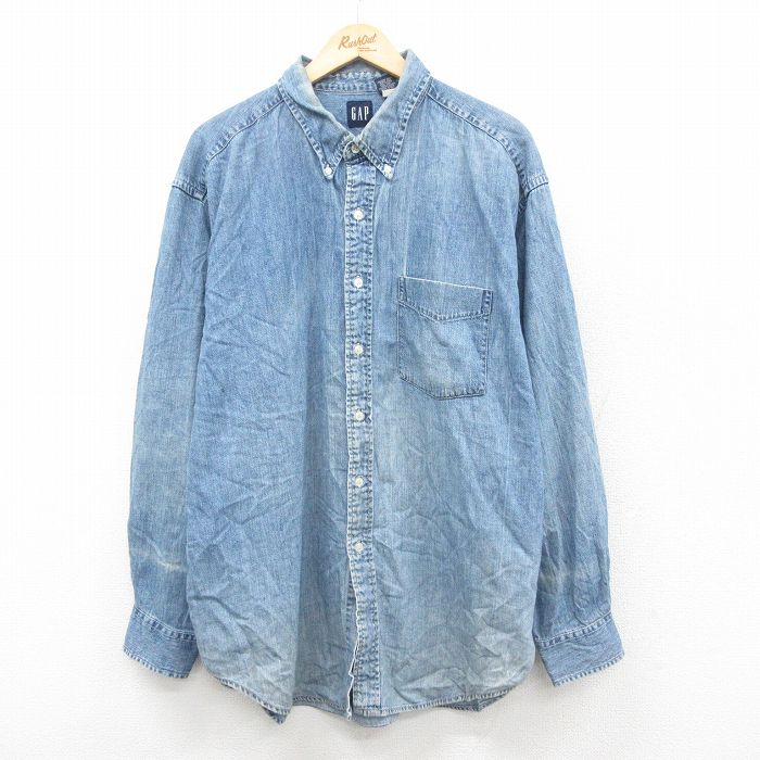 【中古】古着 ギャップ GAP 長袖 ブランド シャツ メンズ 00年代 00s 大きいサイズ ロング丈 コットン ボタンダウン 薄紺 デニム 25nov11