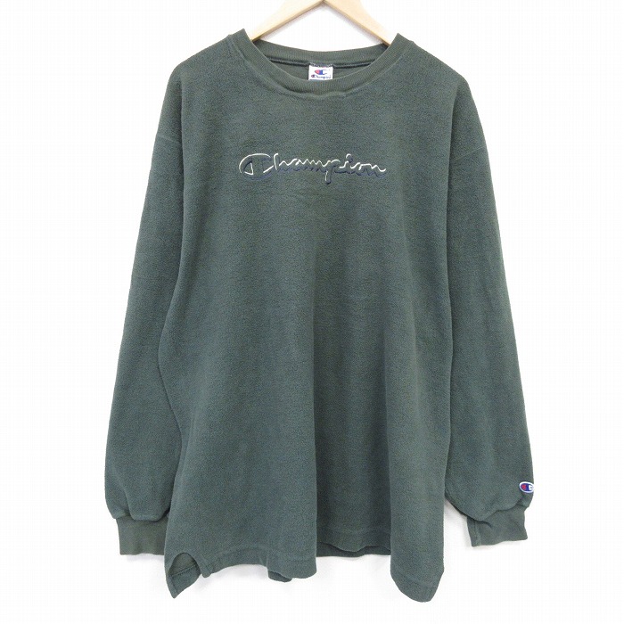 【中古】古着 チャンピオン champion 長袖 トップス メンズ 90年代 90s ビッグロゴ 刺繍 裏起毛 大きいサイズ クルーネック 濃緑【spe】 25nov12