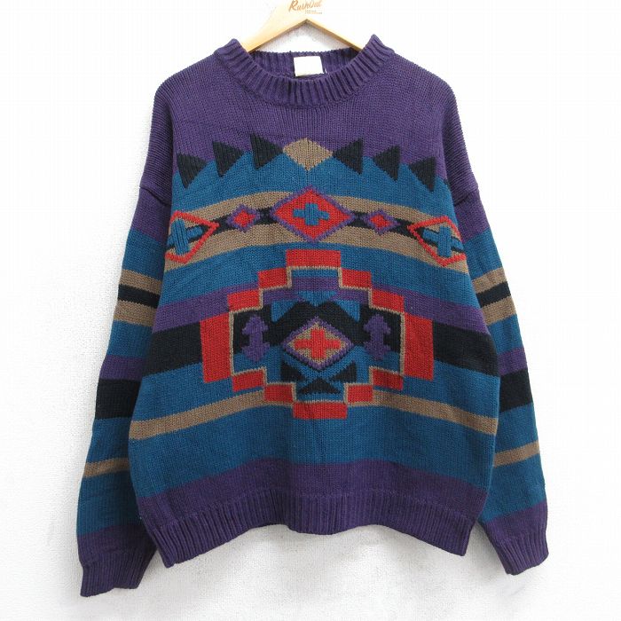 【中古】古着 長袖 セーター メンズ 90年代 90s ネイティブ柄 ラグ柄 モックネック ハイネック 紫他 25nov13